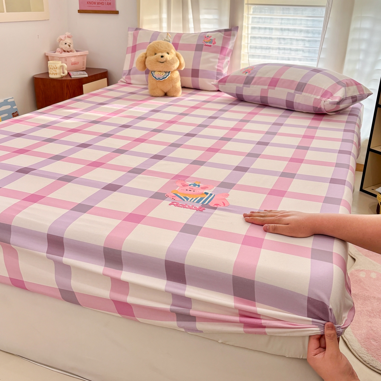 91家纺网 家纺一手货源 找家纺 卧趣家纺 2026新款全棉老粗布凉席席子床笠单件床笠单品单床笠绒布贴系列 甜梦兔