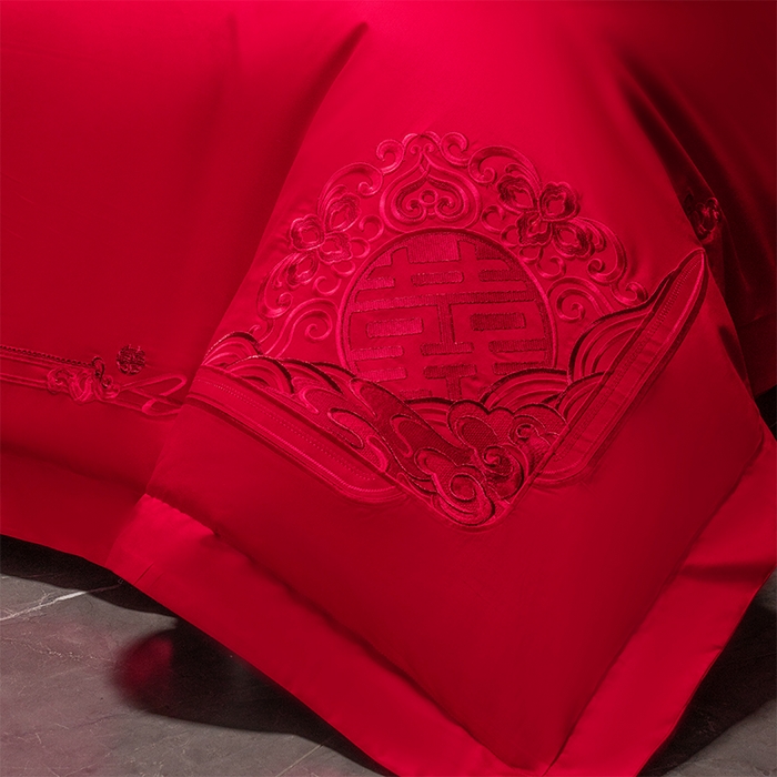 91家纺网 家纺一手货源 找家纺 富之雅婚庆 2026新款全棉刺绣长绒棉婚庆四件套多件套 家家有喜（本线绣）