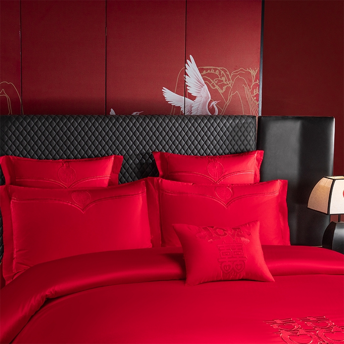 91家纺网 家纺一手货源 找家纺 富之雅婚庆 2026新款全棉刺绣长绒棉婚庆四件套多件套 家家有喜（本线绣）