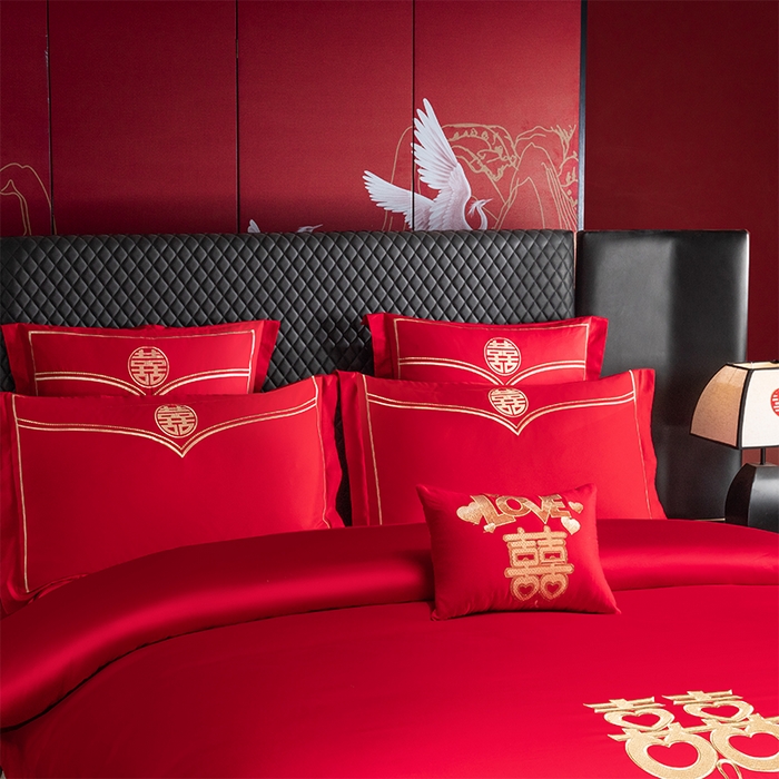 91家纺网 家纺一手货源 找家纺 富之雅婚庆 2026新款全棉刺绣长绒棉婚庆四件套多件套 家家有喜