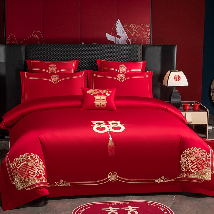 91家纺网 家纺一手货源 找家纺 富之雅婚庆 2026新款全棉刺绣长绒棉婚庆四件套多件套 家家有喜