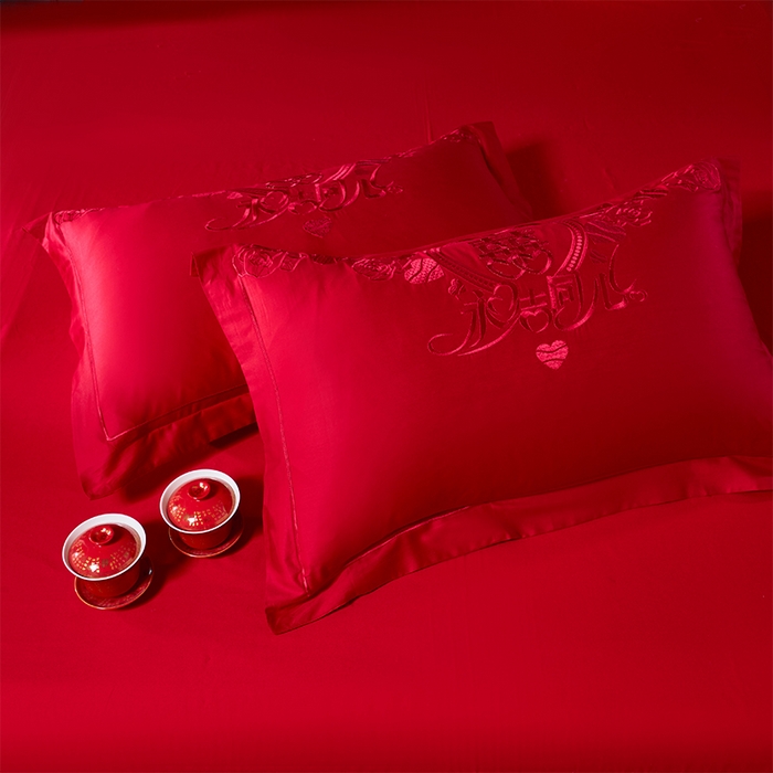 91家纺网 家纺一手货源 找家纺 富之雅婚庆 2026新款全棉刺绣长绒棉婚庆四件套多件套 永结同心（本线刺绣）