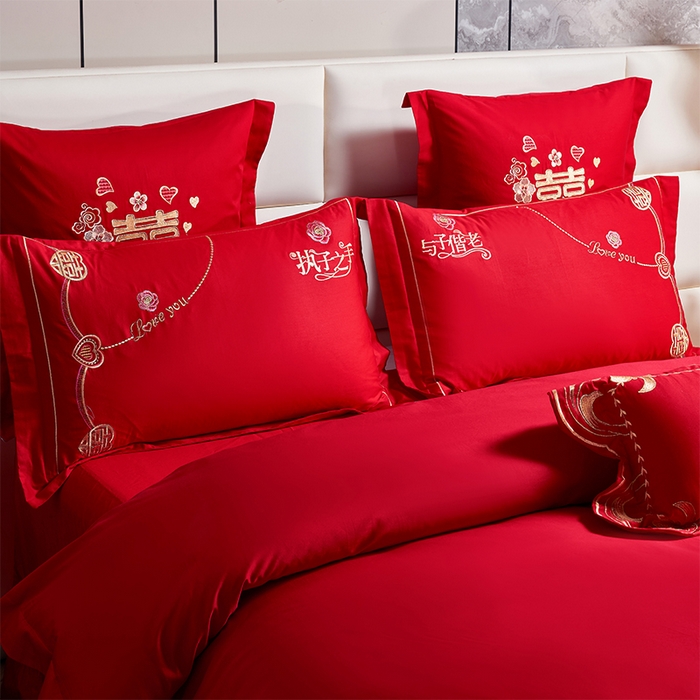 91家纺网 家纺一手货源 找家纺 富之雅婚庆 2026新款全棉刺绣长绒棉婚庆四件套多件套 两情相悦