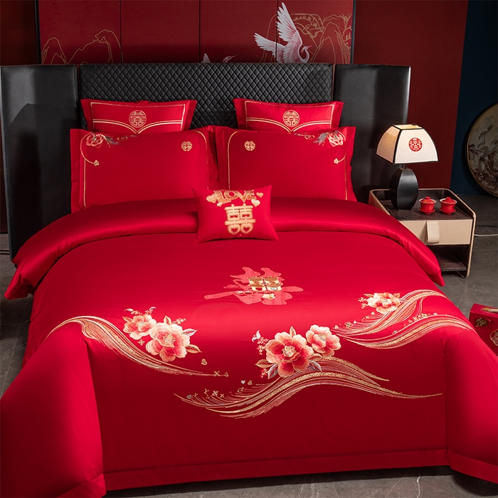 91家纺网 家纺一手货源 找家纺 富之雅婚庆 2026新款全棉刺绣长绒棉婚庆四件套多件套 浪漫相随