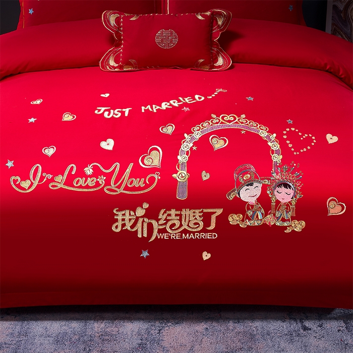 91家纺网 家纺一手货源 找家纺 富之雅婚庆 2026新款全棉刺绣长绒棉婚庆四件套多件套 佳偶天成