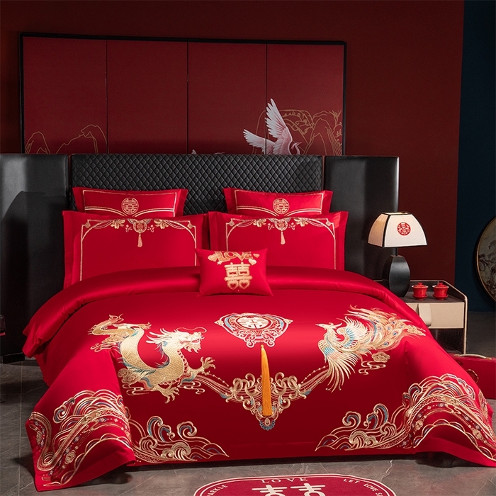 91家纺网 家纺一手货源 找家纺 富之雅婚庆 2026新款全棉刺绣长绒棉婚庆四件套多件套 龙凤佳缘