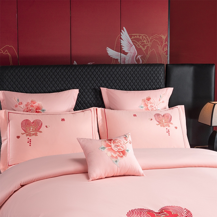 91家纺网 家纺一手货源 找家纺 富之雅婚庆 2026新款全棉刺绣长绒棉婚庆四件套多件套 岁岁年年（玉粉）