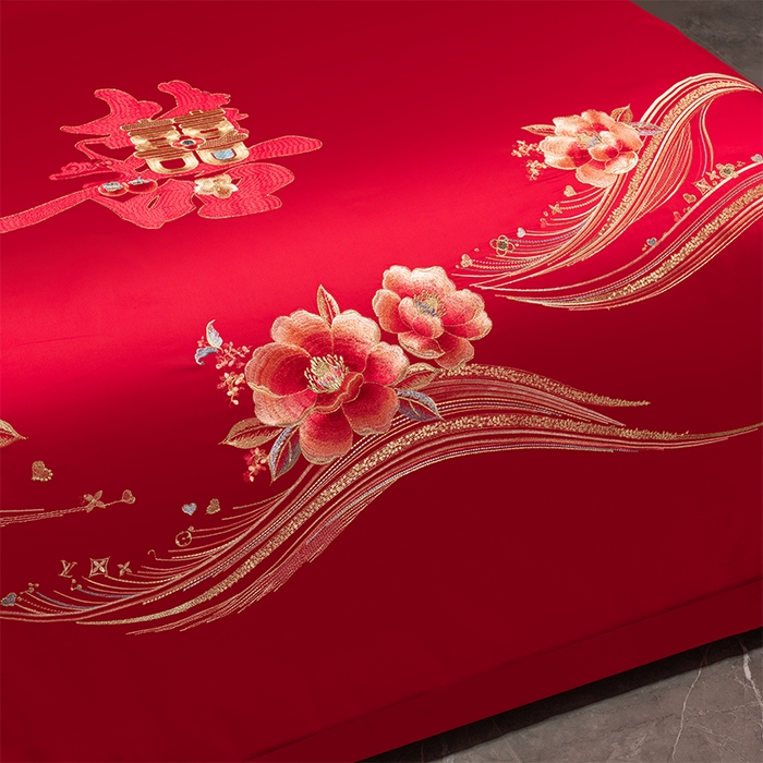 91家纺网 家纺一手货源 找家纺 富之雅婚庆 2026新款全棉刺绣长绒棉婚庆四件套多件套 浪漫相随