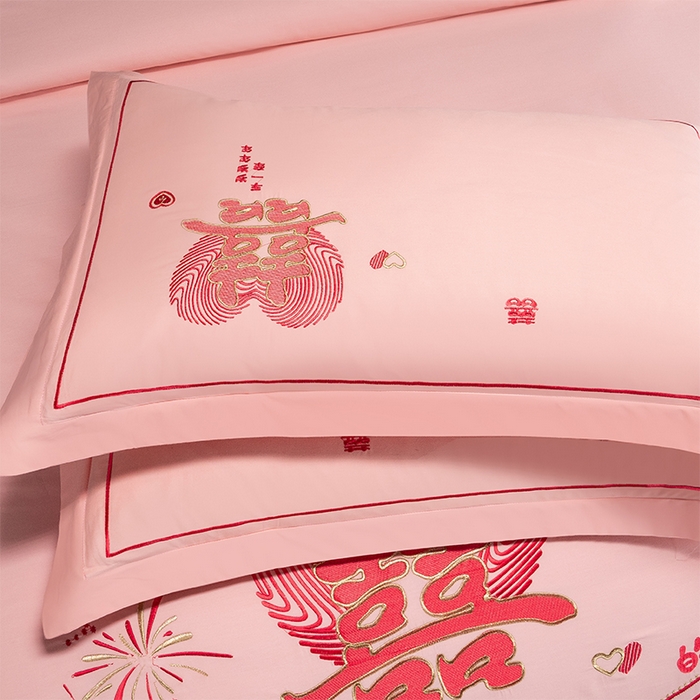 91家纺网 家纺一手货源 找家纺 富之雅婚庆 2026新款全棉刺绣长绒棉婚庆四件套多件套 岁岁年年（玉粉）