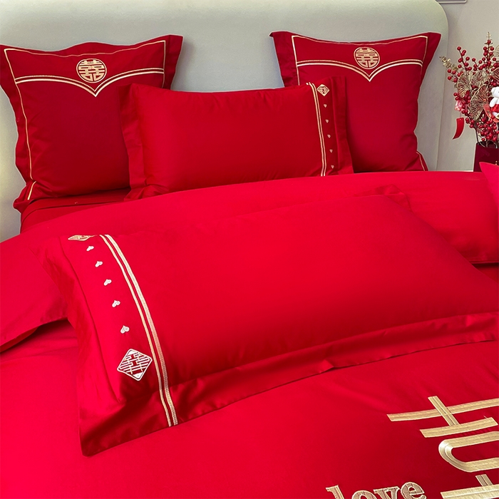 91家纺网 家纺一手货源 找家纺 富之雅婚庆 2026新款全棉刺绣长绒棉婚庆四件套多件套 喜上添花