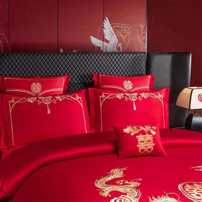 91家纺网 家纺一手货源 找家纺 富之雅婚庆 2026新款全棉刺绣长绒棉婚庆四件套多件套 金龙玉凤