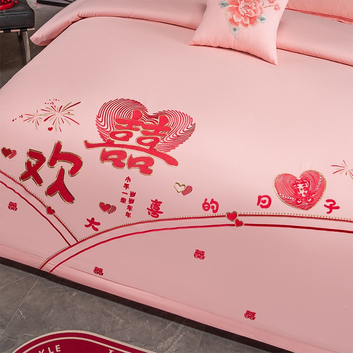 91家纺网 家纺一手货源 找家纺 富之雅婚庆 2026新款全棉刺绣长绒棉婚庆四件套多件套 岁岁年年（玉粉）