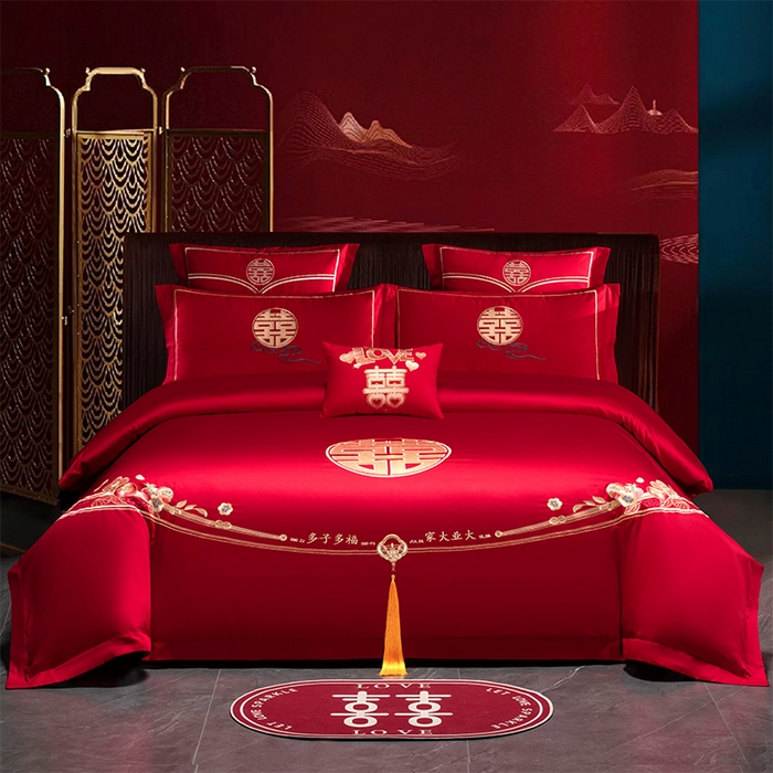 富之雅婚庆 2026新款全棉刺绣长绒棉婚庆四件套多件套 良辰相守