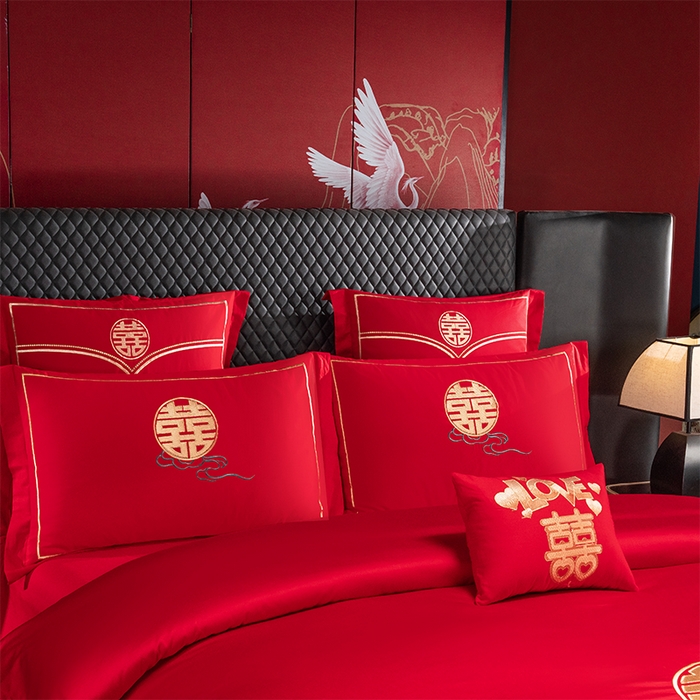 91家纺网 家纺一手货源 找家纺 富之雅婚庆 2026新款全棉刺绣长绒棉婚庆四件套多件套 良辰相守