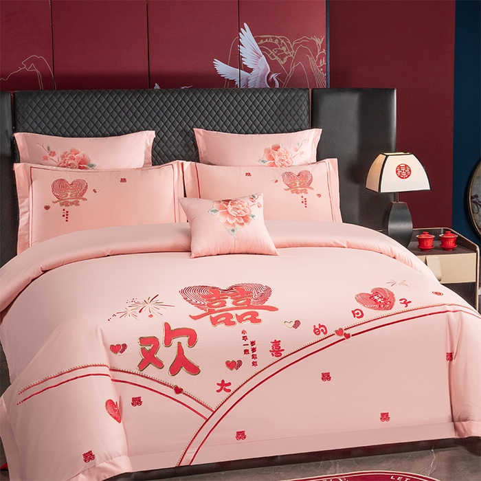 91家纺网 家纺一手货源 找家纺 富之雅婚庆 2026新款全棉刺绣长绒棉婚庆四件套多件套 岁岁年年（玉粉）