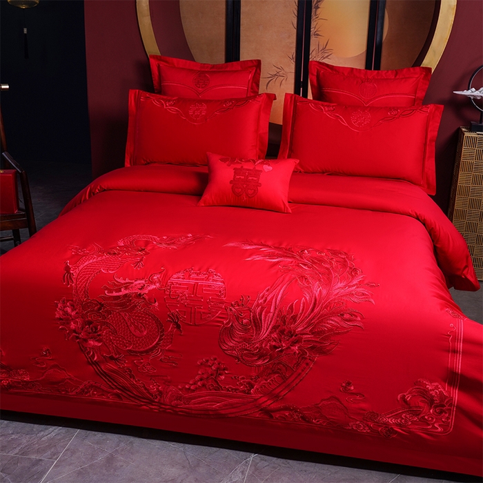 91家纺网 家纺一手货源 找家纺 富之雅婚庆 2026新款全棉刺绣长绒棉婚庆四件套多件套 龙章凤彩（本线绣）