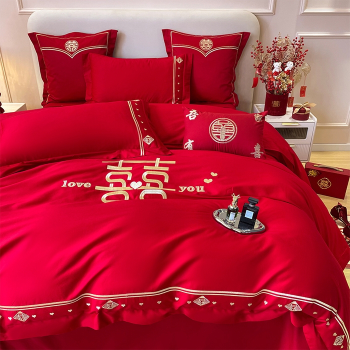 91家纺网 家纺一手货源 找家纺 富之雅婚庆 2026新款全棉刺绣长绒棉婚庆四件套多件套 喜上添花