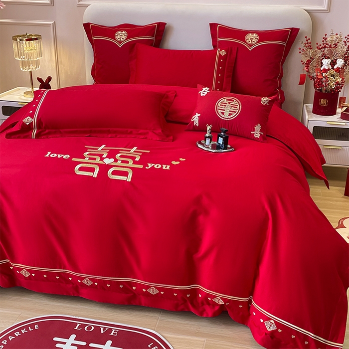 91家纺网 家纺一手货源 找家纺 富之雅婚庆 2026新款全棉刺绣长绒棉婚庆四件套多件套 喜上添花