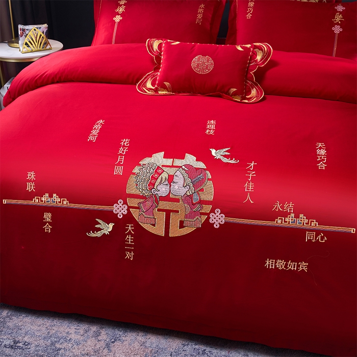 91家纺网 家纺一手货源 找家纺 富之雅婚庆 2026新款全棉刺绣长绒棉婚庆四件套多件套 天生一对