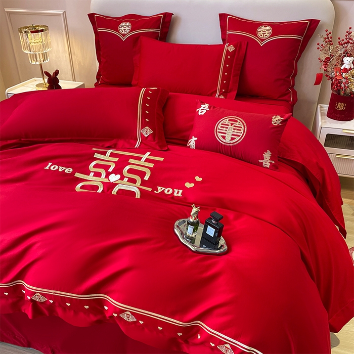 91家纺网 家纺一手货源 找家纺 富之雅婚庆 2026新款全棉刺绣长绒棉婚庆四件套多件套 喜上添花