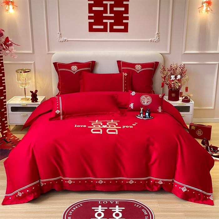 91家纺网 家纺一手货源 找家纺 富之雅婚庆 2026新款全棉刺绣长绒棉婚庆四件套多件套 喜上添花