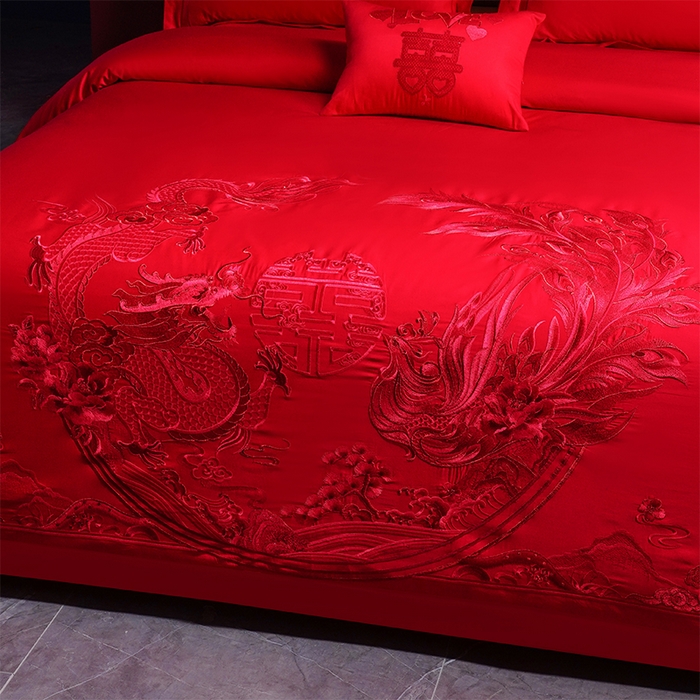 91家纺网 家纺一手货源 找家纺 富之雅婚庆 2026新款全棉刺绣长绒棉婚庆四件套多件套 龙章凤彩（本线绣）