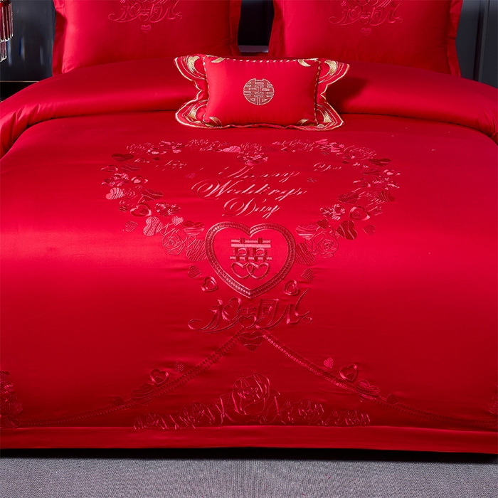 91家纺网 家纺一手货源 找家纺 富之雅婚庆 2026新款全棉刺绣长绒棉婚庆四件套多件套 永结同心（本线刺绣）