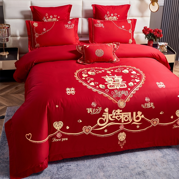 91家纺网 家纺一手货源 找家纺 富之雅婚庆 2026新款全棉刺绣长绒棉婚庆四件套多件套 两情相悦