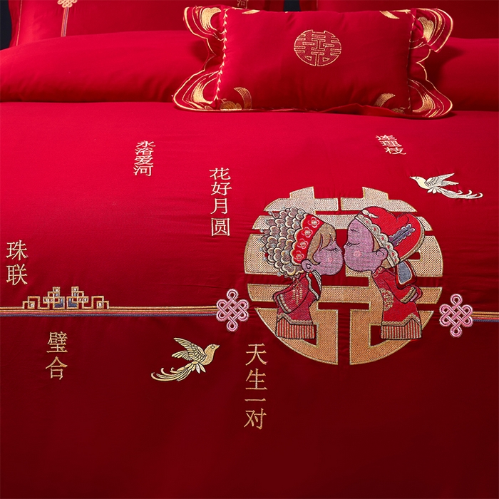 91家纺网 家纺一手货源 找家纺 富之雅婚庆 2026新款全棉刺绣长绒棉婚庆四件套多件套 天生一对