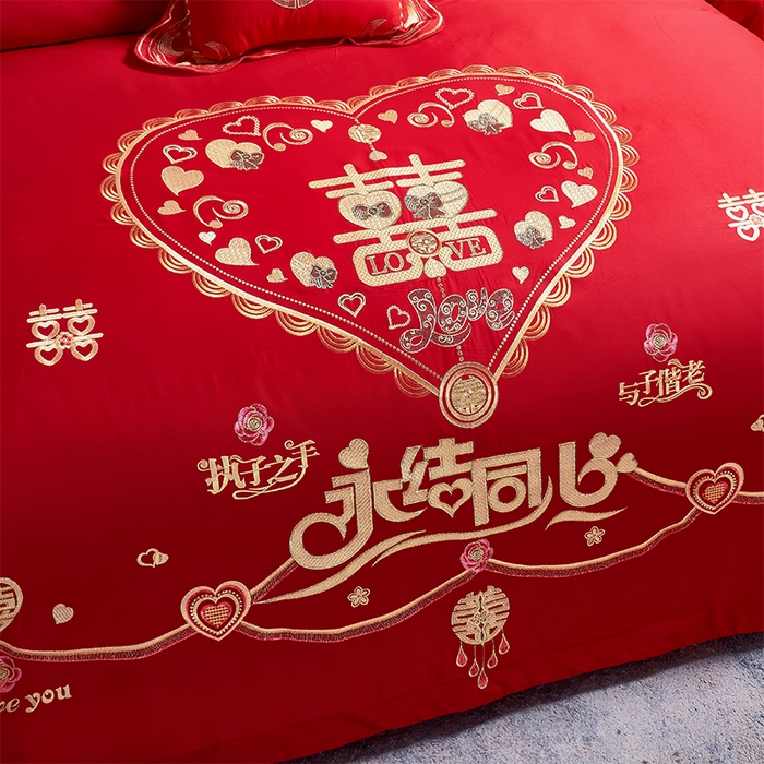 91家纺网 家纺一手货源 找家纺 富之雅婚庆 2026新款全棉刺绣长绒棉婚庆四件套多件套 两情相悦