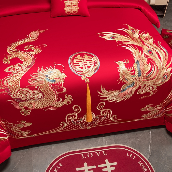 91家纺网 家纺一手货源 找家纺 富之雅婚庆 2026新款全棉刺绣长绒棉婚庆四件套多件套 金龙玉凤