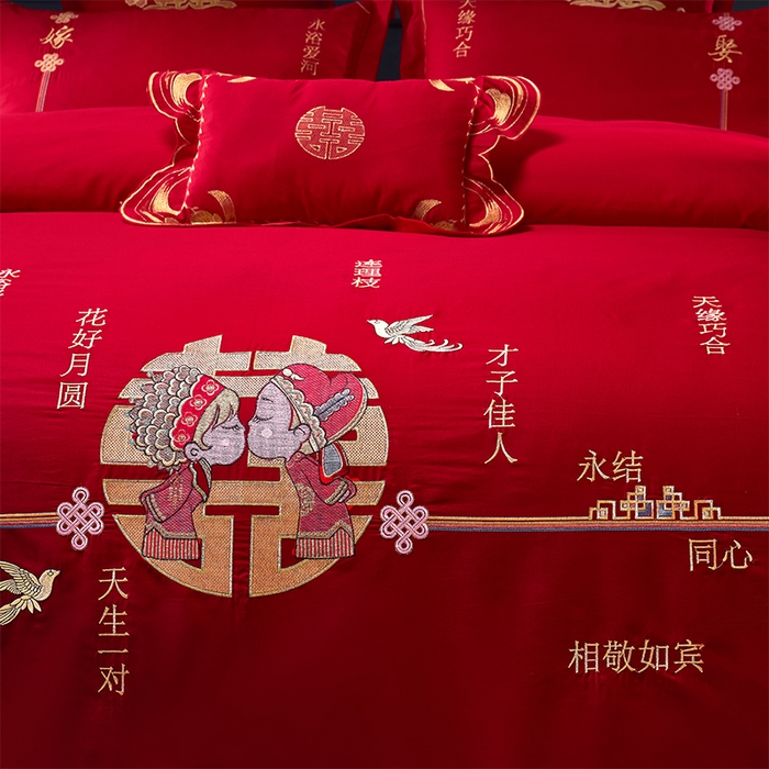 91家纺网 家纺一手货源 找家纺 富之雅婚庆 2026新款全棉刺绣长绒棉婚庆四件套多件套 天生一对