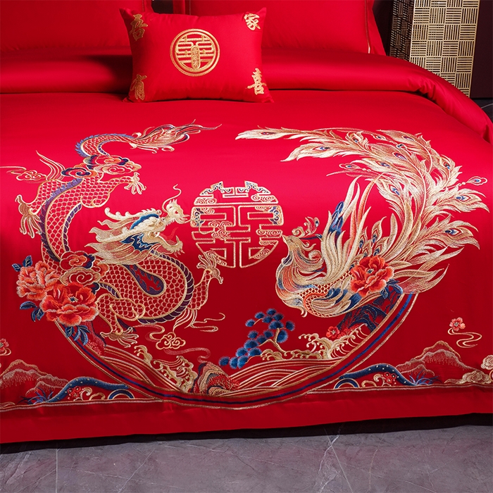 91家纺网 家纺一手货源 找家纺 富之雅婚庆 2026新款全棉刺绣长绒棉婚庆四件套多件套 龙章凤彩