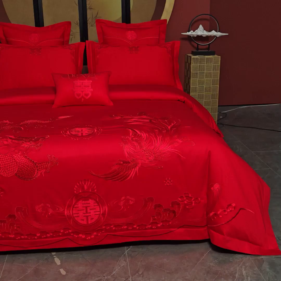 91家纺网 家纺一手货源 找家纺 富之雅婚庆 2026新款全棉刺绣长绒棉婚庆四件套多件套 龙凤瑞彩（本线绣）