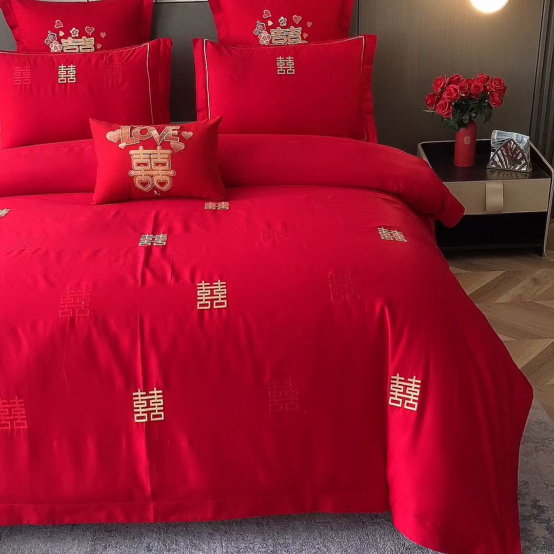 91家纺网 家纺一手货源 找家纺 富之雅婚庆 2026新款全棉刺绣长绒棉婚庆四件套多件套 喜多多