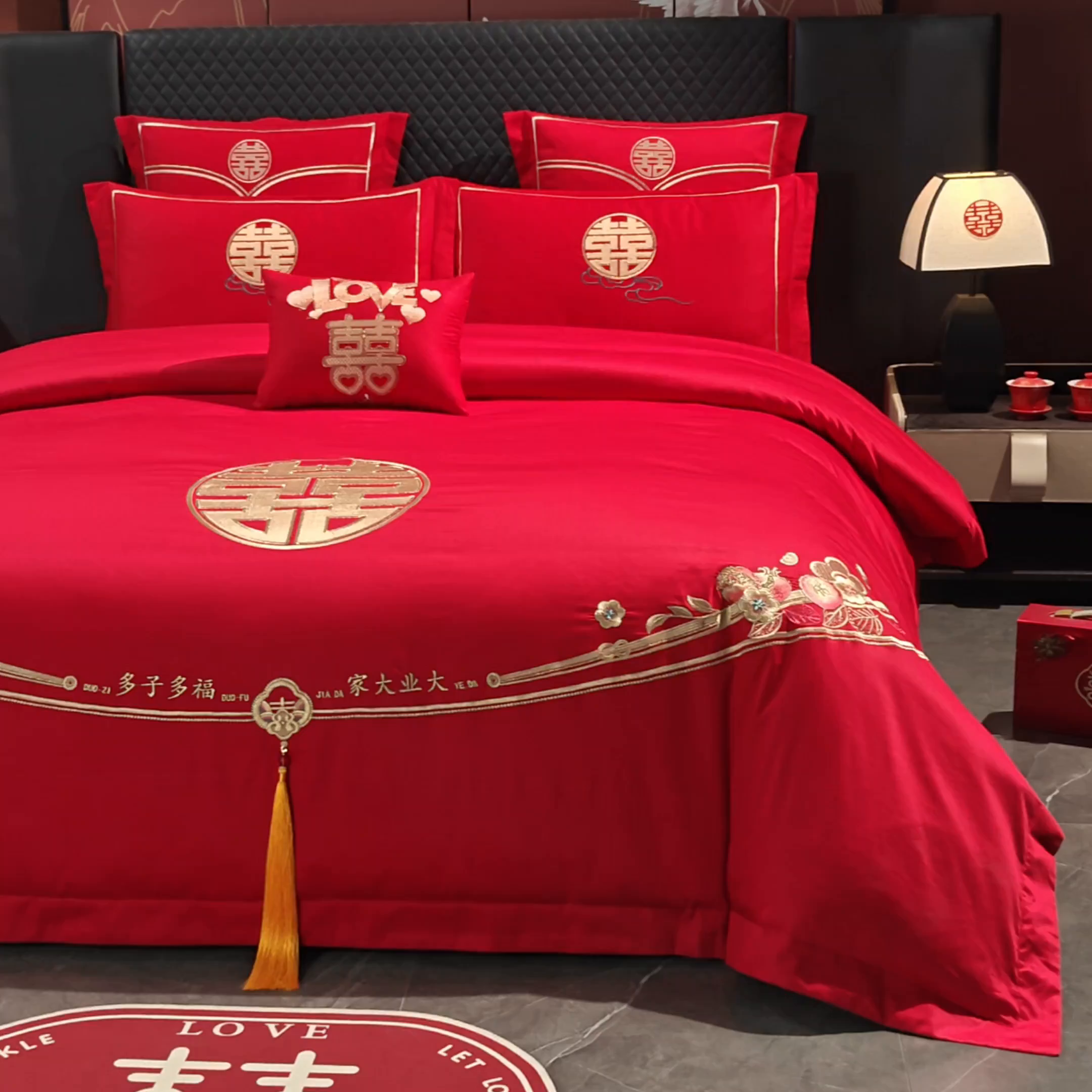 91家纺网 家纺一手货源 找家纺 富之雅婚庆 2026新款全棉刺绣长绒棉婚庆四件套多件套 良辰相守