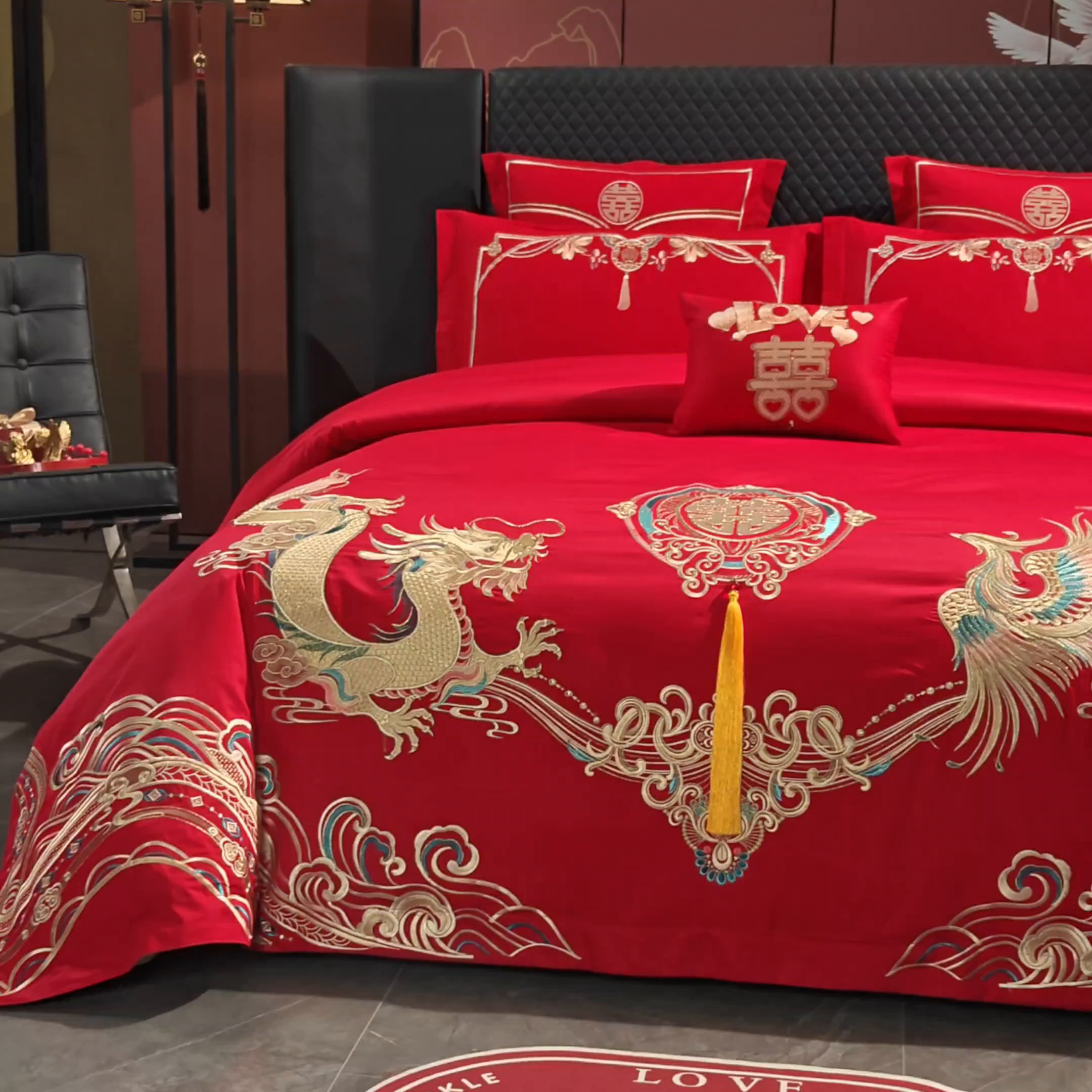 91家纺网 家纺一手货源 找家纺 富之雅婚庆 2026新款全棉刺绣长绒棉婚庆四件套多件套 龙凤佳缘