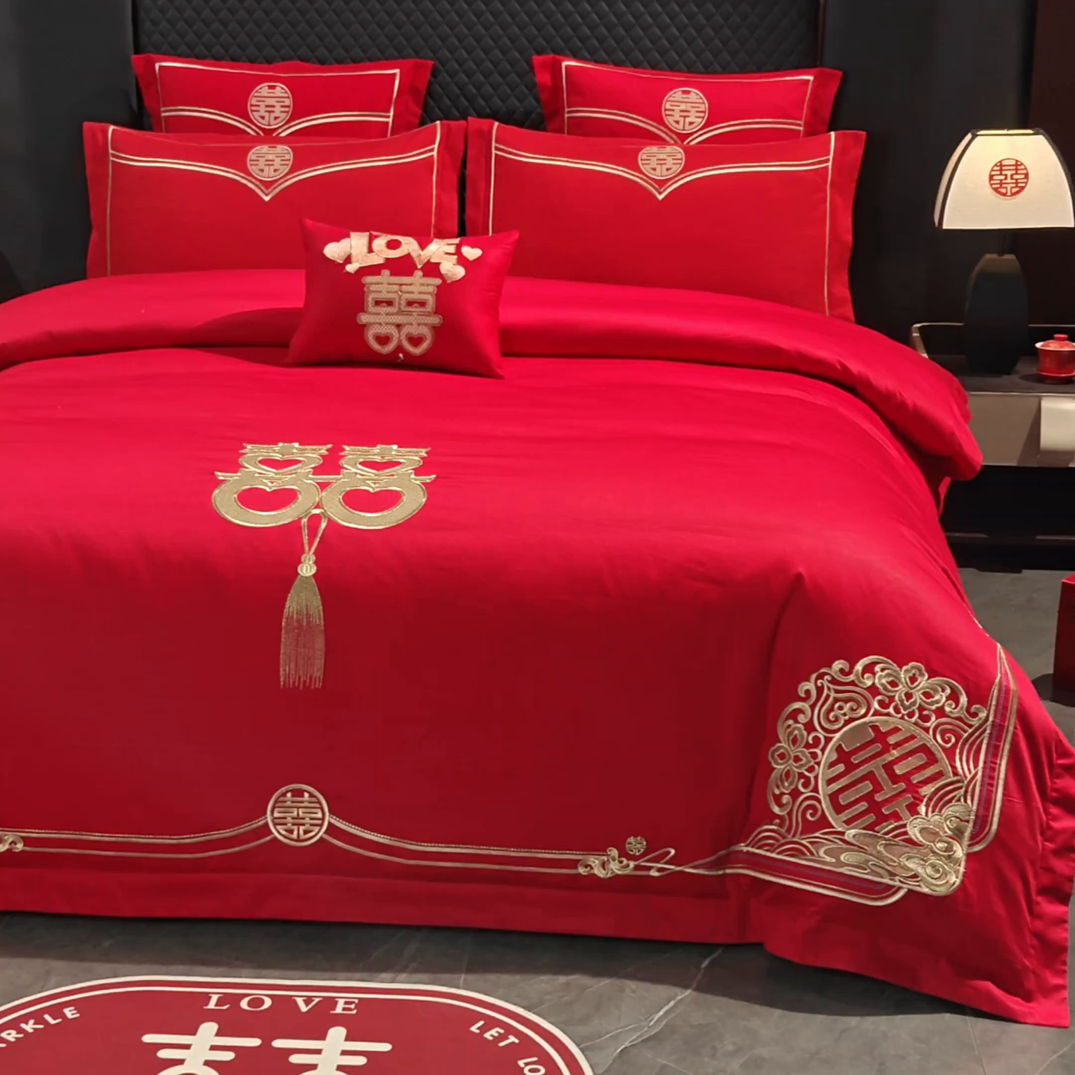 91家纺网 家纺一手货源 找家纺 富之雅婚庆 2026新款全棉刺绣长绒棉婚庆四件套多件套 家家有喜