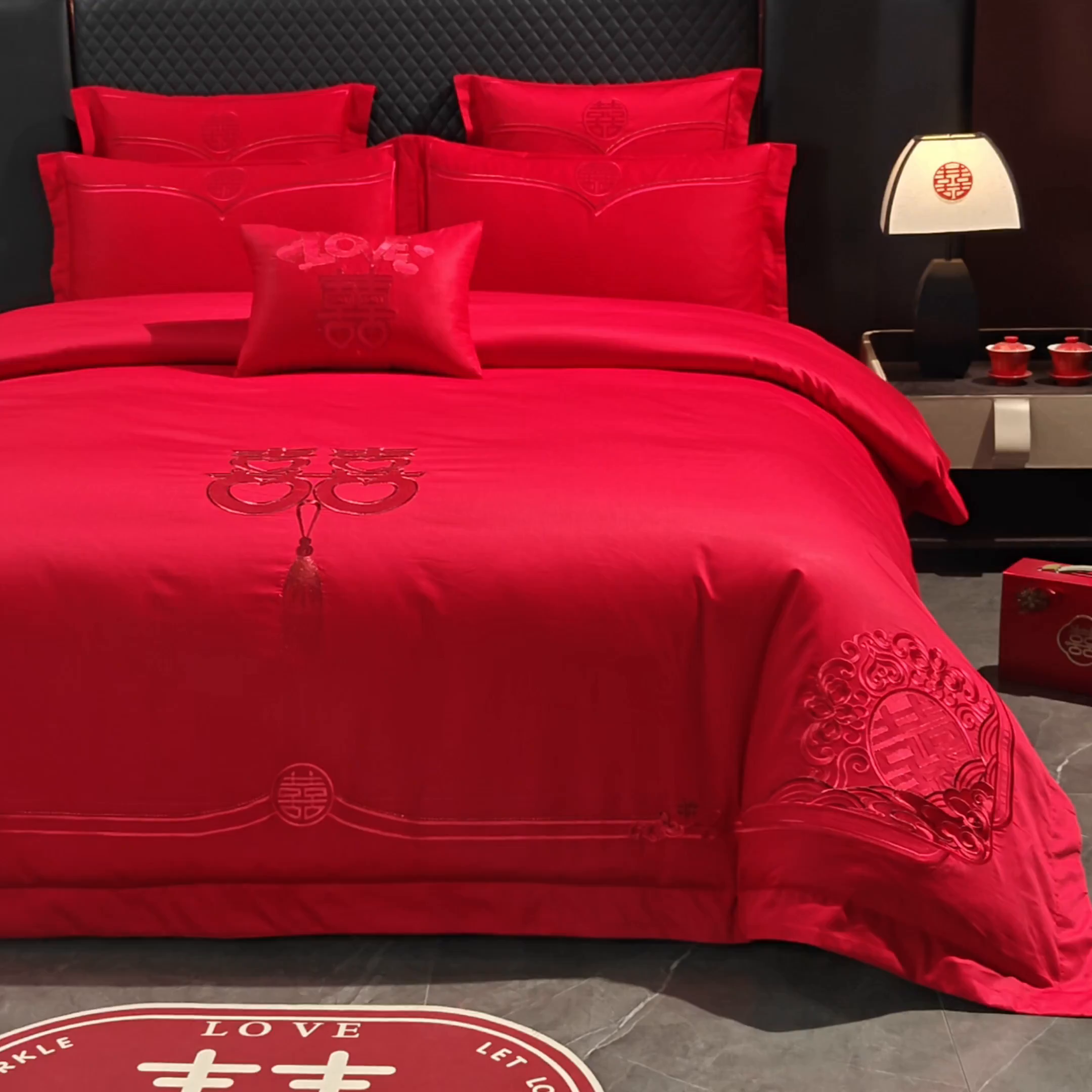 91家纺网 家纺一手货源 找家纺 富之雅婚庆 2026新款全棉刺绣长绒棉婚庆四件套多件套 家家有喜（本线绣）