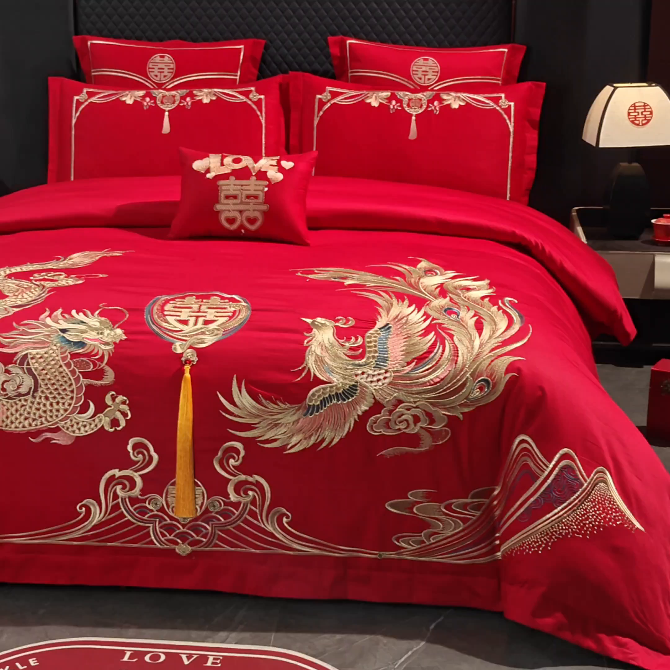 91家纺网 家纺一手货源 找家纺 富之雅婚庆 2026新款全棉刺绣长绒棉婚庆四件套多件套 金龙玉凤