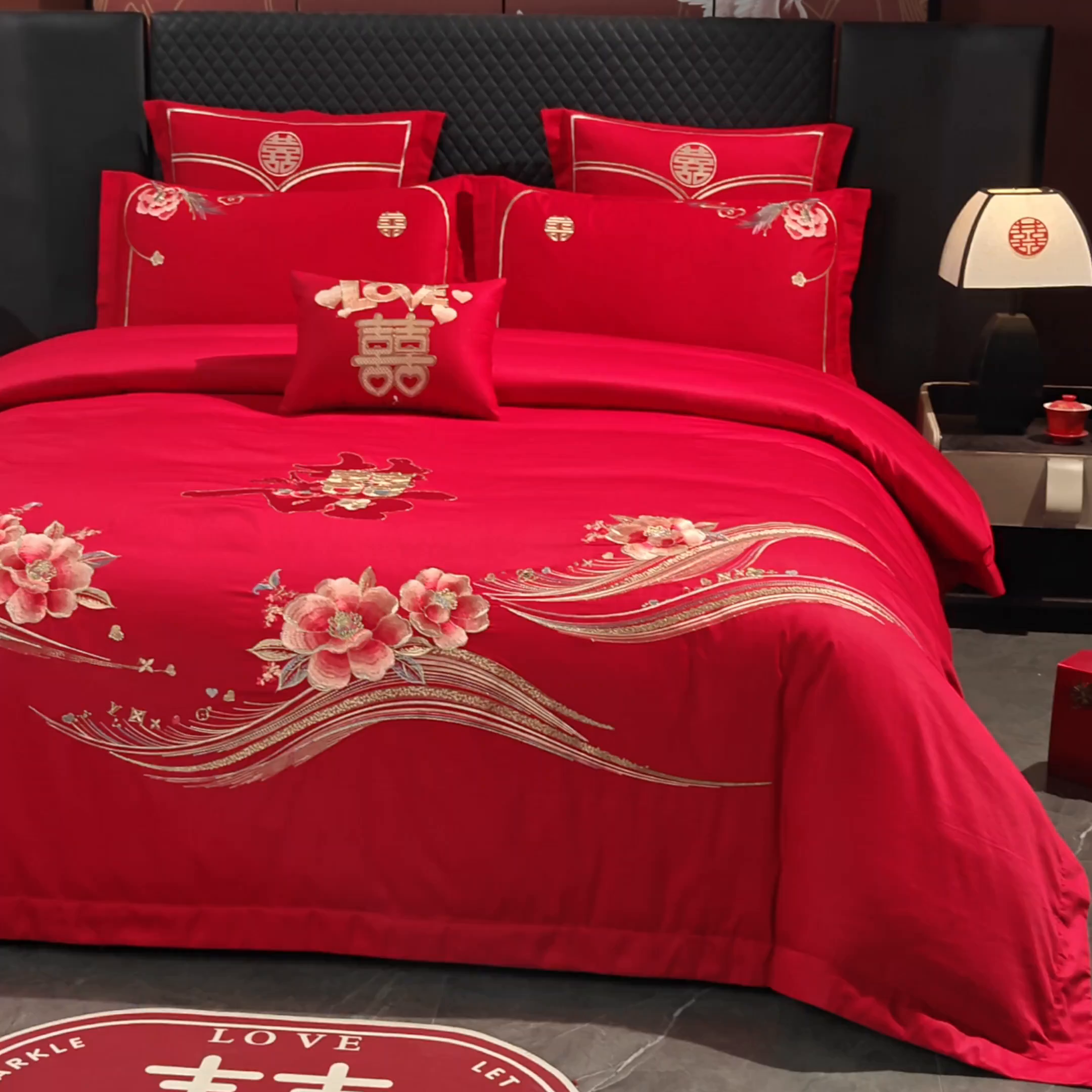 91家纺网 家纺一手货源 找家纺 富之雅婚庆 2026新款全棉刺绣长绒棉婚庆四件套多件套 浪漫相随