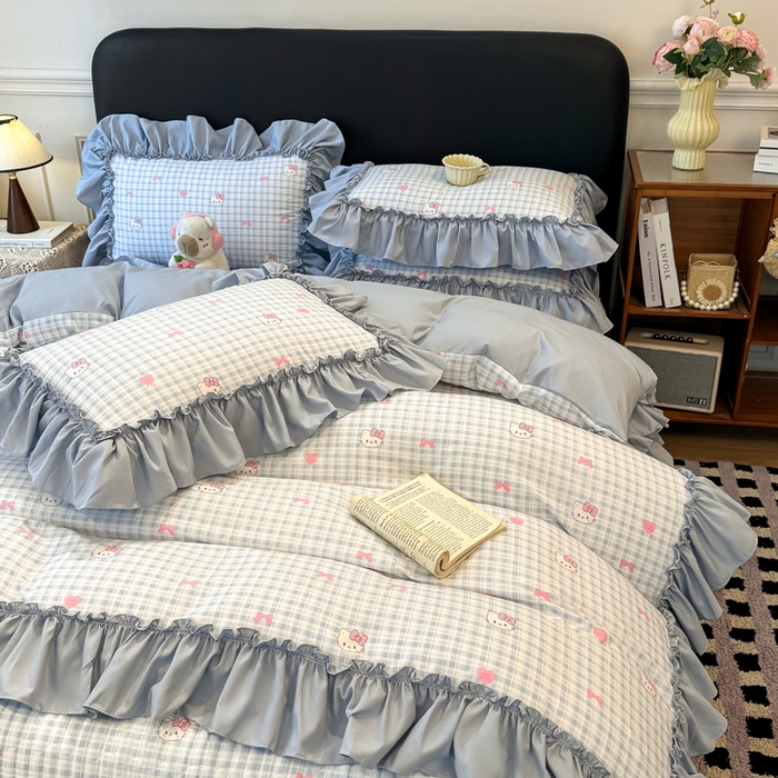 91家纺网 家纺一手货源 找家纺 大麦家纺 2026新款水洗古棉床盖印花四件套 KT猫-蓝