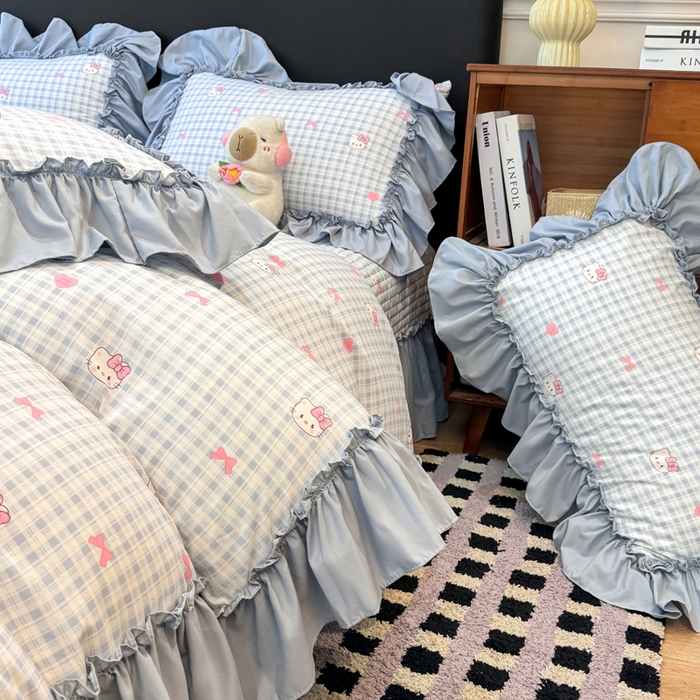 91家纺网 家纺一手货源 找家纺 大麦家纺 2026新款水洗古棉床盖印花四件套 KT猫-蓝