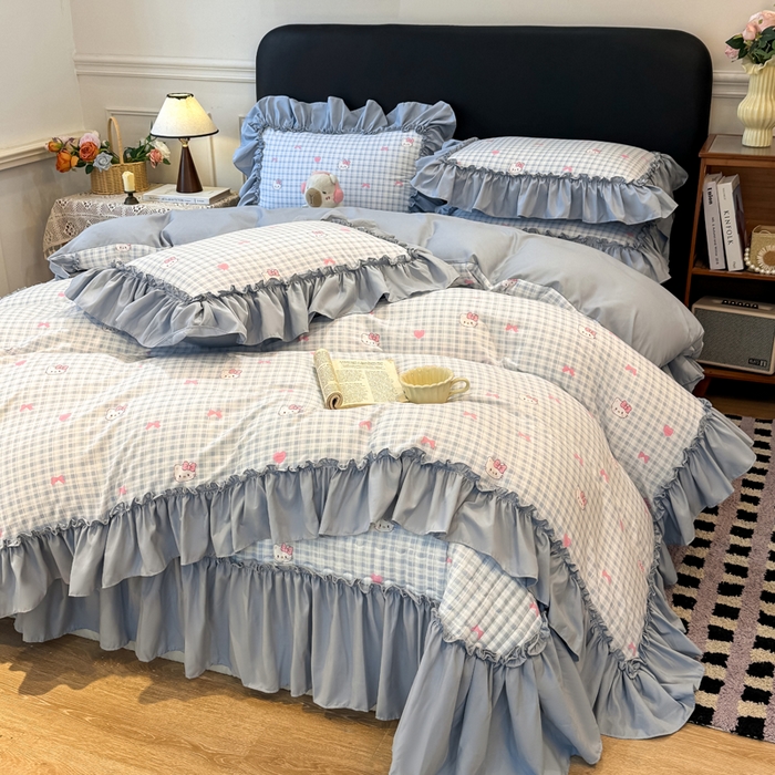 91家纺网 家纺一手货源 找家纺 大麦家纺 2026新款水洗古棉床盖印花四件套 KT猫-蓝