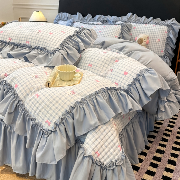 大麦家纺 2026新款水洗古棉床盖印花四件套 KT猫-蓝