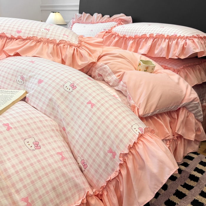 91家纺网 家纺一手货源 找家纺 大麦家纺 2026新款水洗古棉床盖印花四件套 KT猫-玉