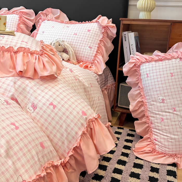 91家纺网 家纺一手货源 找家纺 大麦家纺 2026新款水洗古棉床盖印花四件套 KT猫-玉