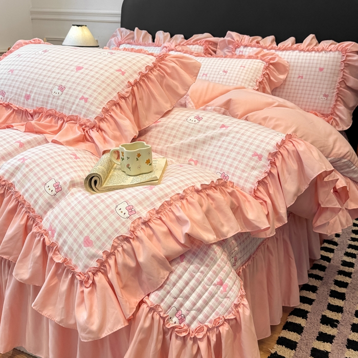 大麦家纺 2026新款水洗古棉床盖印花四件套 KT猫-玉