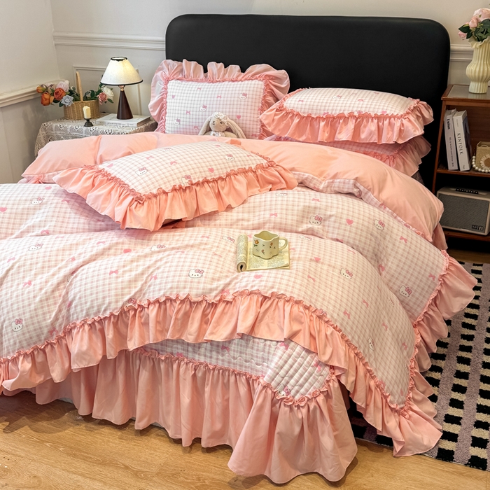 91家纺网 家纺一手货源 找家纺 大麦家纺 2026新款水洗古棉床盖印花四件套 KT猫-玉