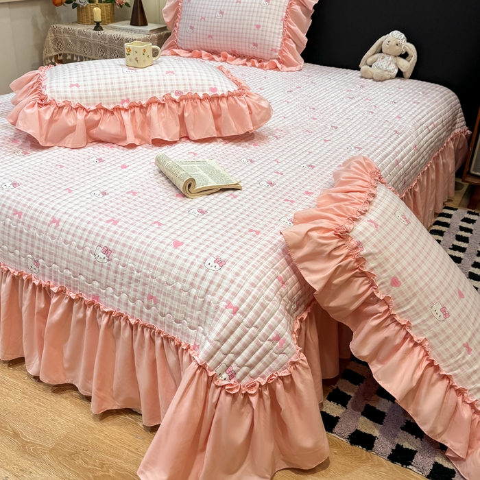 91家纺网 家纺一手货源 找家纺 大麦家纺 2026新款水洗古棉床盖印花四件套 KT猫-玉